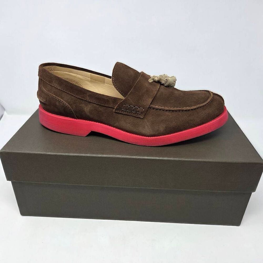 THOMAS DEAN ITALY BROWN SUEDE RED TASSEL LOAFER MENS SIZE 10.5 EUC IN BOX